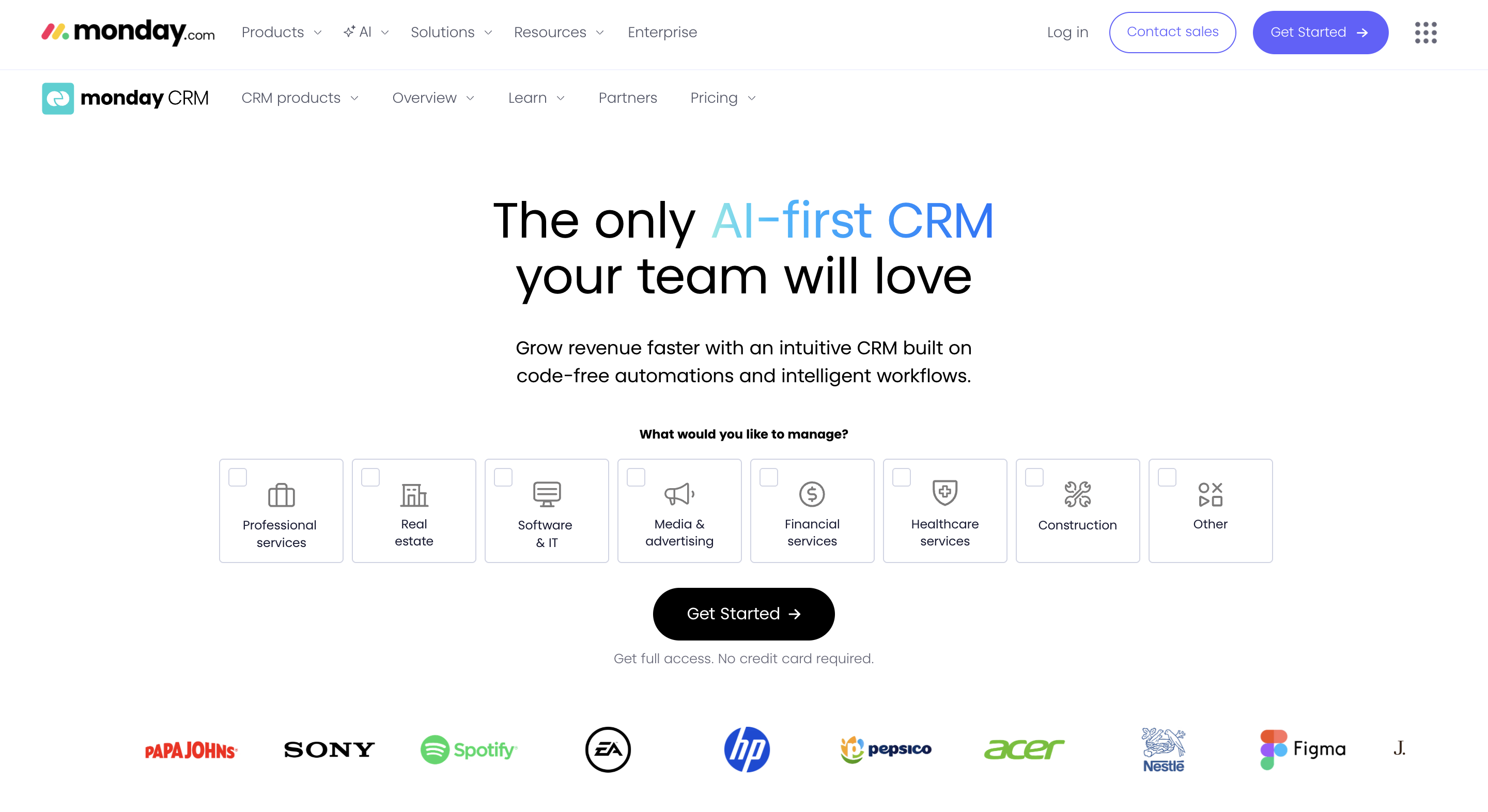Monday crm's landing page